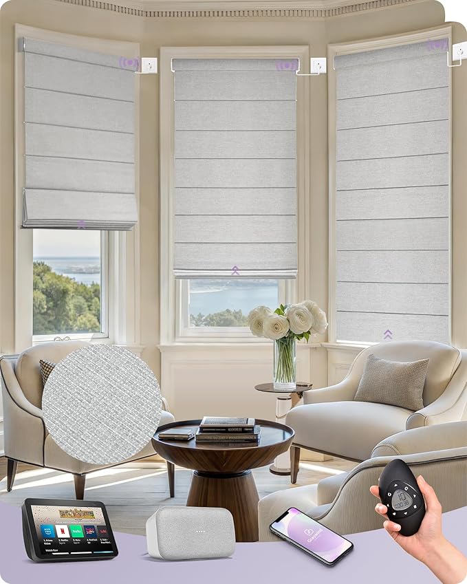 Graywind Smart Roman Shades Compatible with Alexa Google WiFi Hardwired Automatic Blinds with Remote Blackout Plain Fold Soft Roman Window Shades for Windows Doors, Custom Size (Textured Grey)