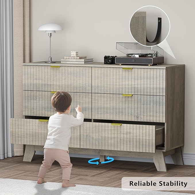 Fluted 6 Drawer Dresser, 47.2" Wide Modern Boho Chest of Drawers, Wooden Storage Dresser TV Stand for Bedroom, Living Room, Closet, Hallway, Curved Profile Design