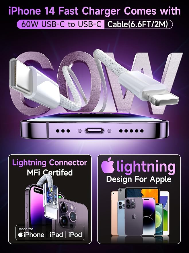30W i Phone 14 13 12 11 Charger 6.6FT Long Fast Charging Lightning Cable with USB C iPhone Chargers Type C Wall Charger Block for iPhone 14/14 Pro Max/13/12/11/XS/Max/XR/X/SE