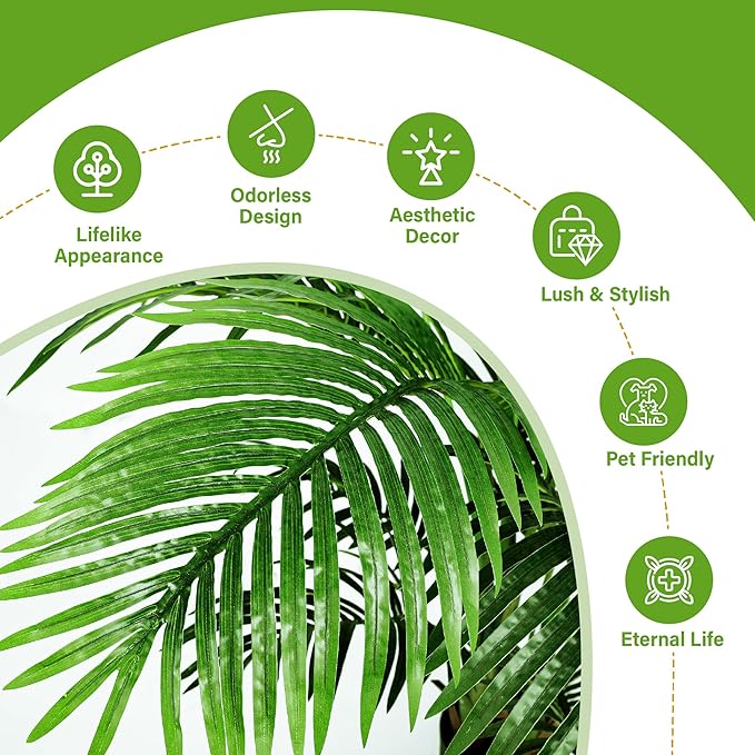 KOL 4ft Artificial Areca Palm Tree Plant, 47in Fake Cane Palm Silk Tree Indoor Outdoor, Dypsis Lutescens, Realistic Faux Silk Plants for Office Home Garden Decoration, Lifelike Modern Decor