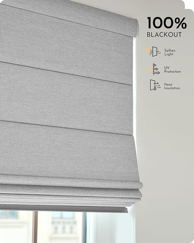 Graywind Smart Roman Shades 100% Blackout Compatible with Alexa Google Rechargeable Motorized Window Blinds Remote Control Room Darkening Plain Fold, Custom Size (Textured Grey)