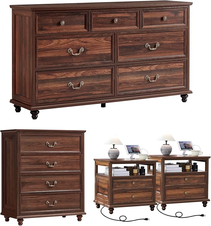 24" Wide Farmhouse Nightstand with Charging Station Set of 2, 37" Tall Rustic Chests of Drawers w/ 4 Solid Wood Feet, Farmhouse Furniture Series for Living Room,Bedroom,Brown