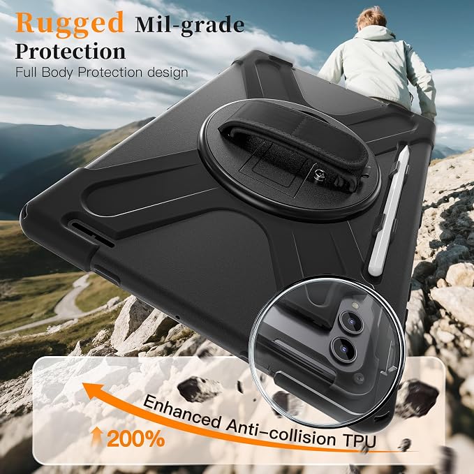 Case for Galaxy Tab S10 FE+ 13.1 2025 with Screen Protector+360 Rotating Hand Strap&ampStand+Shoulder Strap (Black)