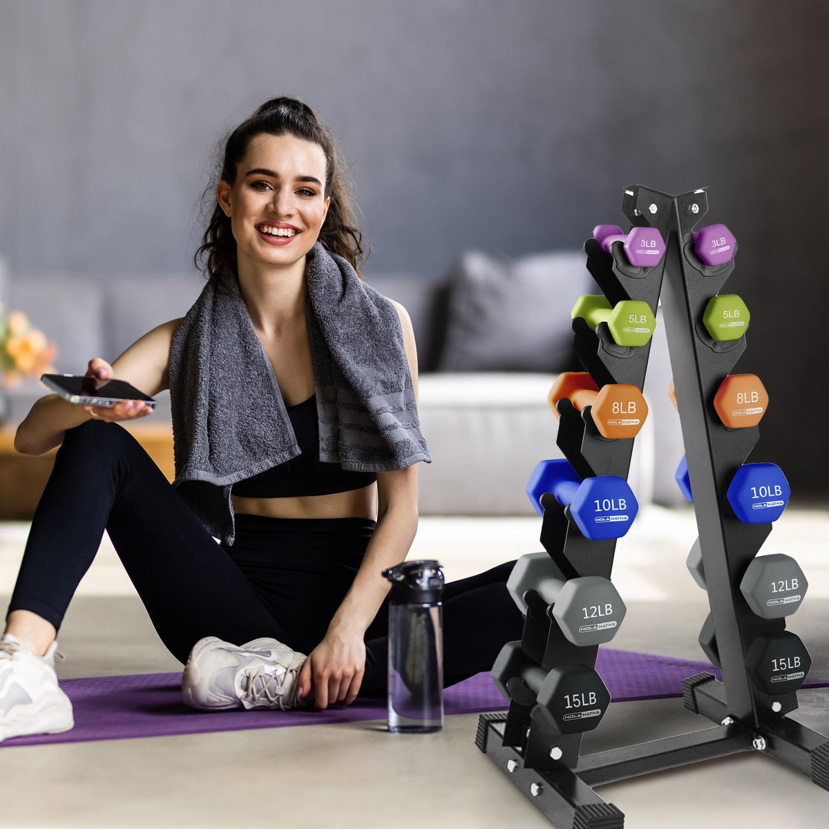 HolaHatha Neoprene Dumbbell Weights Set with Rack, Home Gym Equipment, 106 Lbs, Multicolor - Portable Weighted Exercise Dumbbells for Fitness, Training, and Lifting Workouts