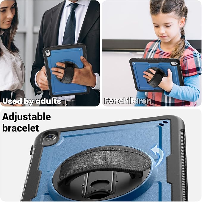 Case for iPad (A16) 11th Generation 11 inch 2025 Lightweight Rugged Dual-Material Design 360° Rotating Adjustable Leather Hand Strap Foldable Kickstand Durable with Full ProtectionBlue