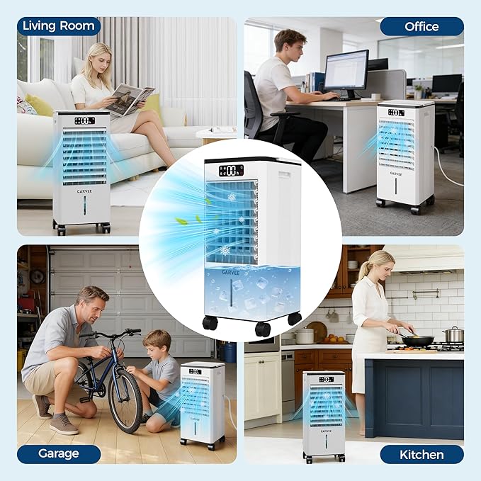 Portable Evaporative Air Cooler, 1.84Gal Touch Screen Cooler Fan with Remote Control, 3 Speeds 3 Modes LED Display, Ice Packs & Rolling Casters Included, Quiet 3-in-1 Cooling for Bedroom Home Office