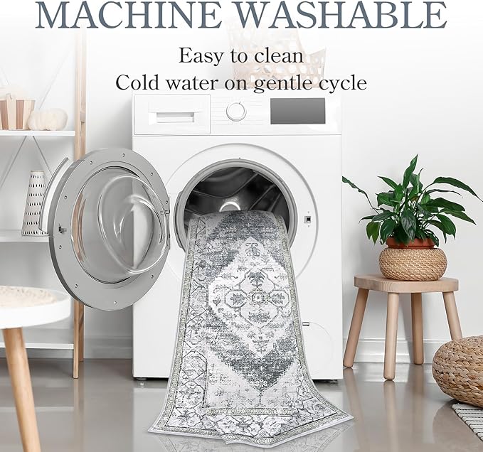 Lahome Boho Runner Rug for Hallway - 2x7 ‎Stain Resistant Non-Slip Kitchen Runners Non Skid Washable 7 Ft Lightweight Throw Bathroom Runner, Oriental Distressed Print Runner for Bedroom Laundry Room