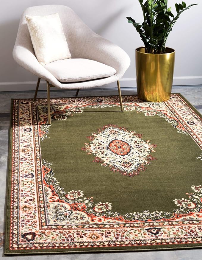 Unique Loom Reza Collection Traditional Persian Style Area Rug, 6 x 9 ft, Olive/Ivory