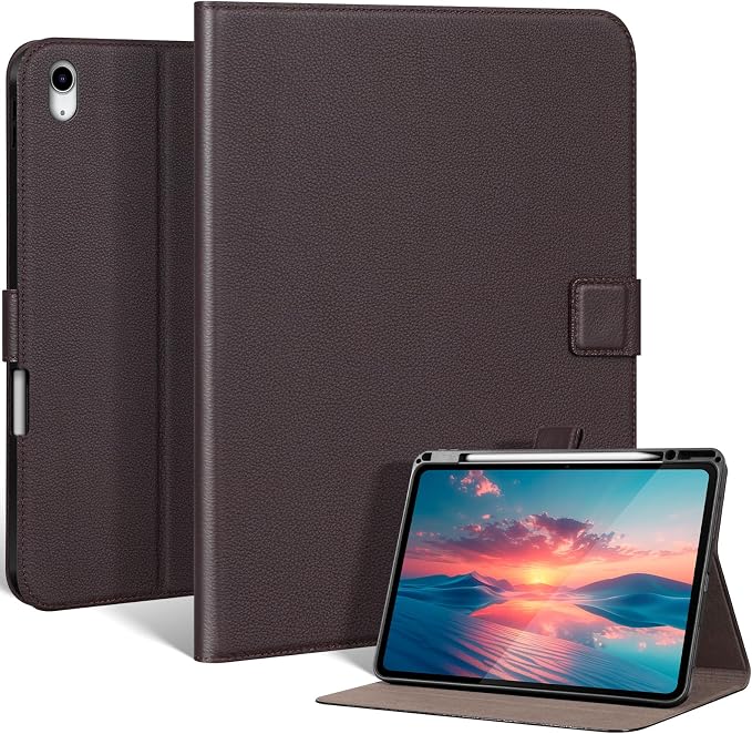 Leather Case for iPad 11th/10th Gen (11/10.9) Black | Genuine Leather Pencil Holder Adjustable Stand Magnetic Closure Auto Wake/Sleep