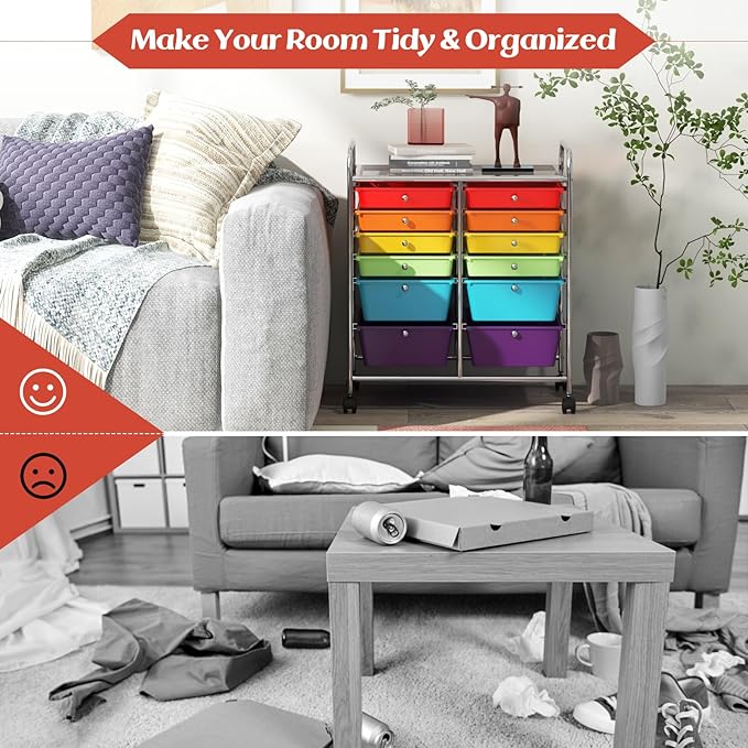 COSTWAY 12-Drawer Rolling Storage Cart, Moveable Art Craft Organizer W/Lockable Wheels, Metal Shelf, Files Arrangement Tools Makeup Storage Cart for Office, Home, School (Multi-Color)