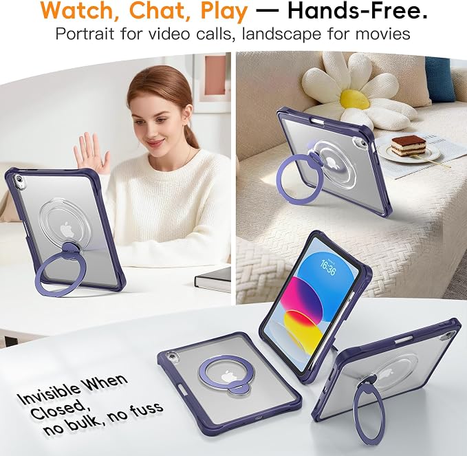 Dteck for Apple iPad 11 inch (A16 11th Gen) iPad 10.9 inch (10th Gen) Slim Clear Case with Kickstand Pencil Holder Reinforced Shockproof Corners Soft TPU Lightweight Protective Cover Transparent