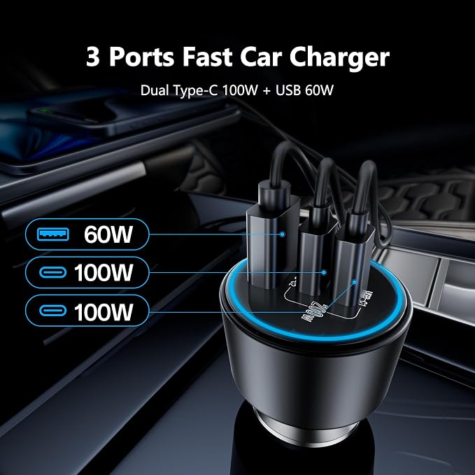 USB C Car Charger Fast Charging 200W Dual PD 100W Type C Car Charger， | PD3.0/QC4.0/PPS Cigarette Lighter Adapter for iPhone 16/15/14/13/12 Galaxy S22/S21 Ultra MacBook Laptop etc