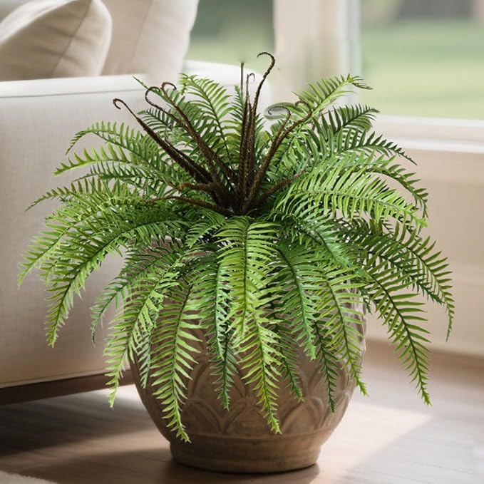 Polyester Artificial Boston Fern Bush,Set of 4,Fake Fern Hanging Plants UV Resistant That Look Real for Outdoors and Home Decor. (39" 4Pcs-Green)
