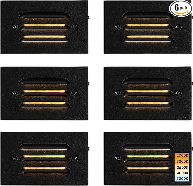 CLOUDY BAY 5CCT 12V 4W Low Voltage LED Step Light with Horizontal Louvered Faceplate for Steps Decks Stairs,Outdoor Stair Lights,Wet Locations,6 Pack,Black