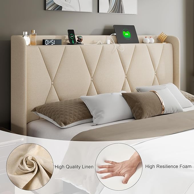 Feonase Full Size Bed Frame with 4 Storage Drawers, Upholstered Platform Bed with Charging Station, Wingback Storage Headboard, Wooden Slats Support, No Box Spring Needed, Easy Assembly, Beige