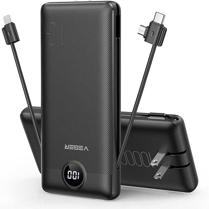 VEGER Portable Charger for iPhone Power Bank Built in Cable and Wall Plug | 10000mAhUltra Slim&ampCompact5 OutputsLED DisplayFlight-SafeTravel Essentials Battery Pack for iPhone 17iPad Samsun