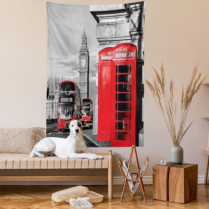 Ambesonne London Tapestry, London Telephone Booth in the Street Traditional Local Cultural England UK Retro, Wall Hanging for Bedroom Living Room Dorm Decor, 60" X 80", Red Grey