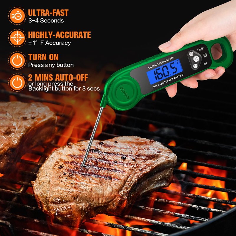 AMMZO Digital Meat Thermometer for Grilling, Candy Thermometer Instant Read Food Thermometer Waterproof with Backlight for Cooking, Deep Fry, BBQ, Grill, Smoker and Roast (Green)