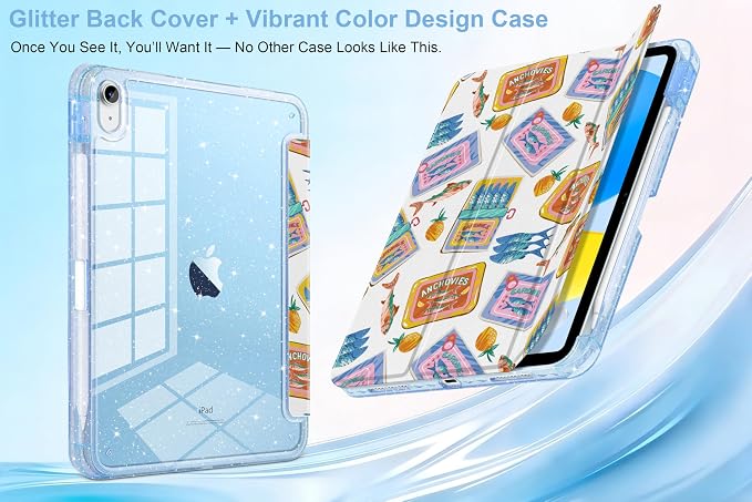 MEEgoodo Case for iPad A16 11th Generation 2025/10th Generation 2022 Glitter Tablet Cases with Transparent Acrylic Back+Trifold Stand +Pencil Holder+Auto Wake/SleepAbstract Sun &amp Palm Tree