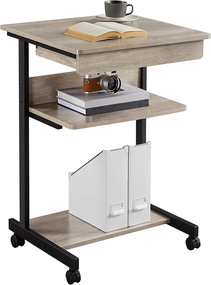 Yaheetech Rolling Computer Desk with Drawer & Keyboard Tray, Mobile Laptop Desk Cart Standing Computer Workstation for Home Office, Gray