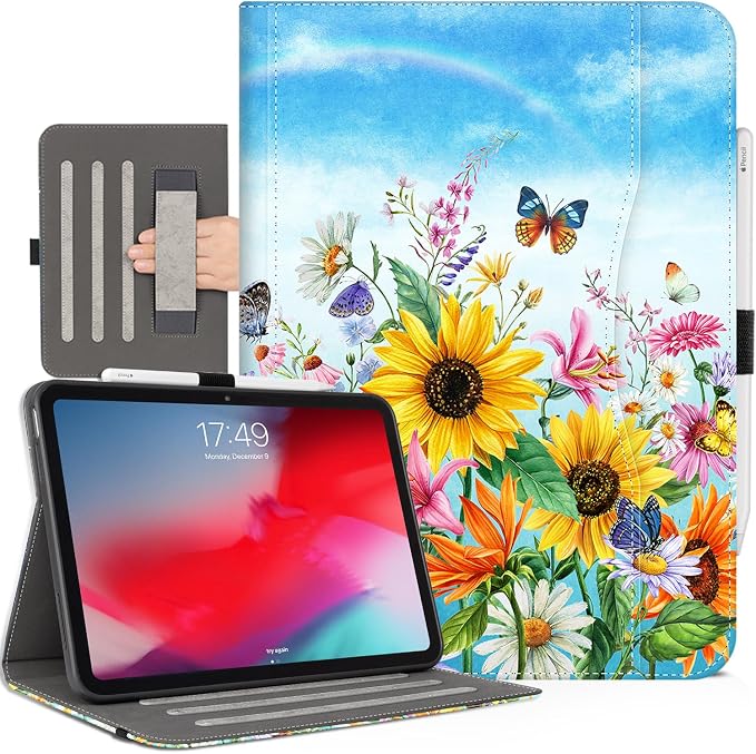 Case for iPad Air 13-inch M4/M3/M2 iPad Pro 12.9 6th/5th/4th/3rd Generation Case with Pencil Holder Multi-Angle Adjustable Stand Shockproof Pocket/Hand Strap/Auto Wake Sleep Sunflowers Butterfly