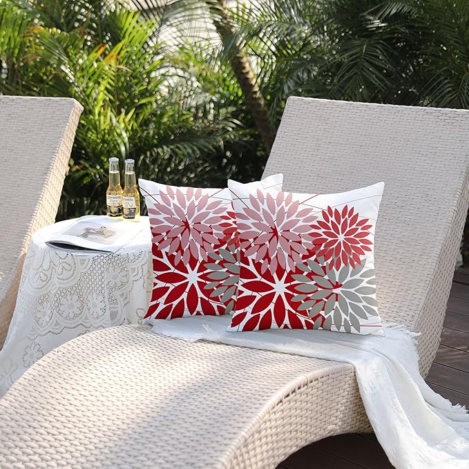 DFXSZ Outdoor Pillow Covers - 18x18 Inch Set of 2, Pink, Red, Grey Flower Decorative, Waterproof, Summer, Valentine's, Patio, Garden, Couch