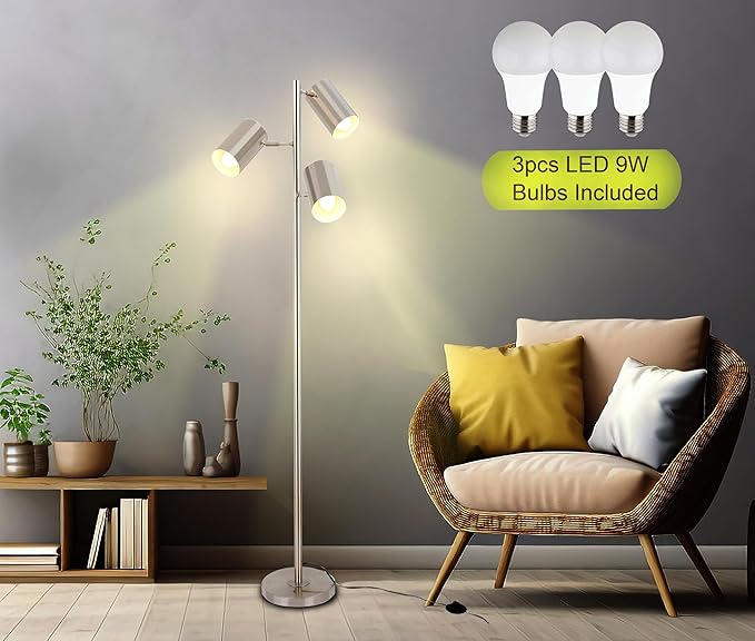 Tree Floor Lamp with 3 Light Bulbs,Nickel Standing Tall Pole Lamp with 3 Adjustable Rotating Lights,Farmhouse Floor Lamp for Living Room Bedroom Office,Vintage Standing Lamp 9W E26 LED Bulbs Included.