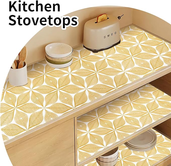 Shelf Liners for Kitchen Cabinets 12in x 30FT, Non Adhesive Cabinet Liner Strong Non-Slip Golden Leaf Drawer Liner, Easy to Clean for Shelf, Cabinet with Knife and Tape Measure