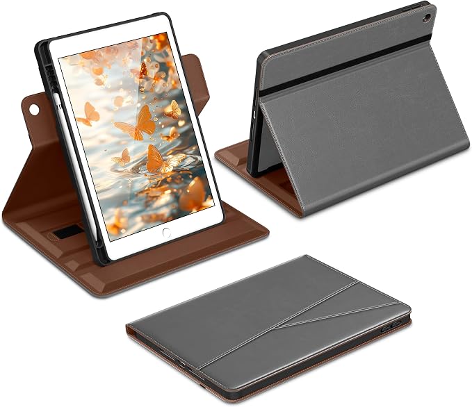 DTTO for iPad 9th/8th/7th Gen Case 10.2 Inch (2021/2020/2019) Brown | 360 Degree Rotating Premium Faux Leather Folio Stand Cover with Pencil Holder Auto Sleep/Wake Multiple Angles Hand Strap