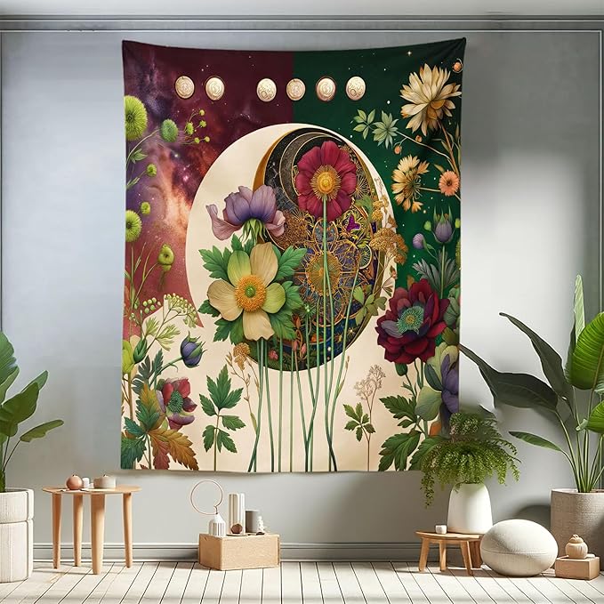 Ambesonne Moon Tapestry Twin Size, Abstract Blooming Gentle Leafy Flowers with Lunar Phase Ethno Details, Wall Hanging Bedspread Bed Cover Wall Decor, 68" X 88", Fern Green Eggshell Lilac