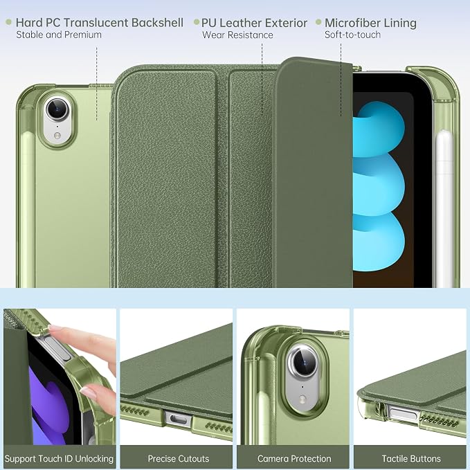 MoKo for iPad mini A17 Pro Case 8.3 Inch 2024 iPad mini 7th/6th Case 2021 | For iPad Mini Case with Pencil Holder Light Trifold Smart Protective Cover with Hard PC Translucent Back Shell Agave Gree