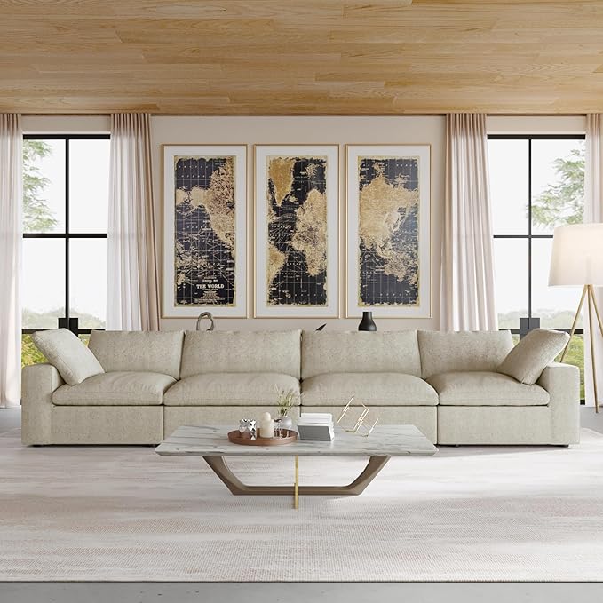 JACH 160" Cloud Sectional Couch, Modern Modular Convertible Sofa, Couch Cushion Covers Removable, 4-Seats Sofas Furniture for Living Room Bedroom Apartment (Khaki)