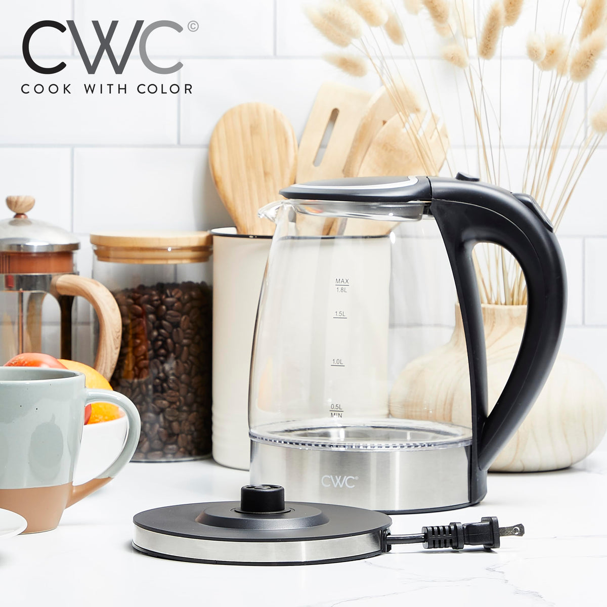 COOK WITH COLOR Electric Tea Kettle, 1.8L Cordless Hot Water Boiler, 1200W Rapid Boil, Auto Shutoff & Boil Dry Protection, BPA-Free, Sleek Countertop Design, Black