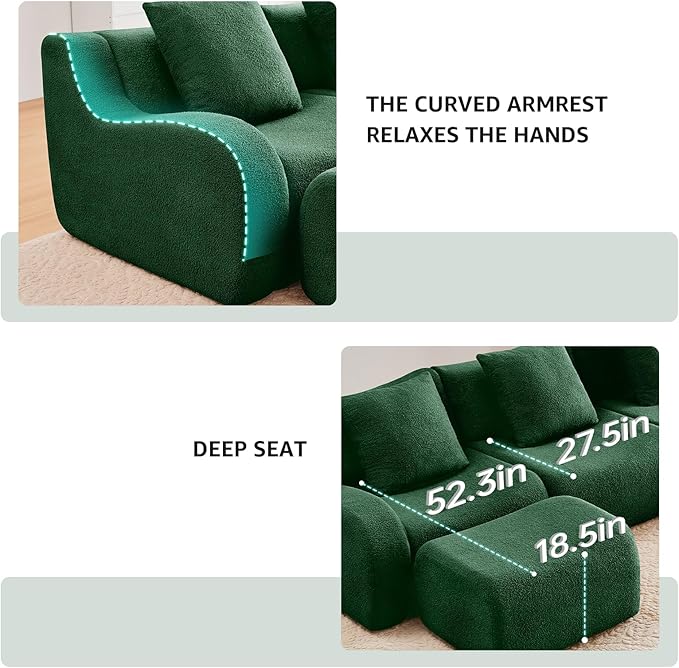 Green Teddy Fabric Cloud Ottoman, Modern Boneless Modular Footstool in a Box for Living Room, Comfortable Deep Seat Design, No Assembly Required, Sofas para Sala