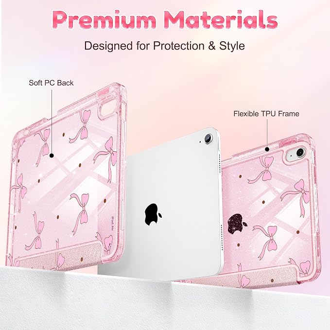for iPad Air 11 inch M4/M3/M2 (2026/2025/2024) iPad Air 5th/4th Gen (2022/2020) 10.9 inch with Pencil Holder Glitter Clear Pretevtive Cover Auto Wake/Sleep Black Cartoon Stickers