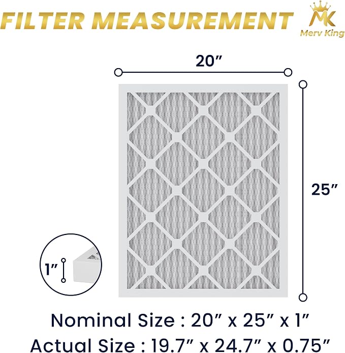 MervKing 20x25x1 Air Filter Actual Size: 19.7" x 24.7" x 0.75" MERV 8 MPR