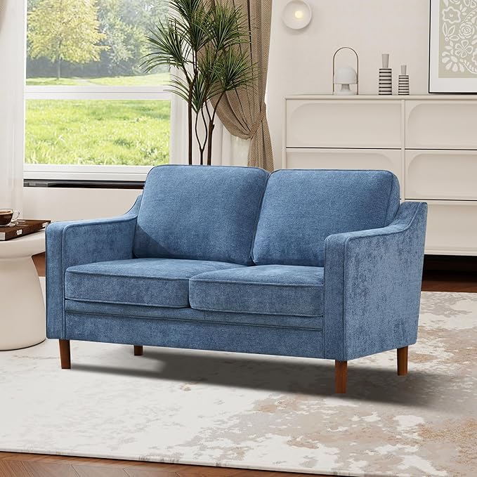 Kingfun 56" Chenille Sofa, Loveseat Couch, Mid Century Modern Love Seat Couches with Solid Wood Frame for Living Room & Bedroom, Light Blue