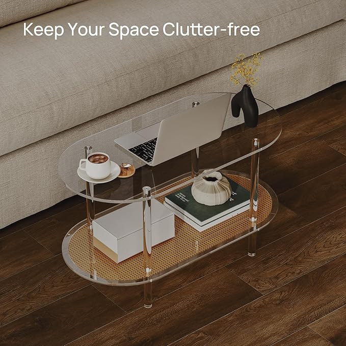 HMYHUM Acrylic Coffee Table for Living Room, 2-Tier Clear Rattan Center Table, Oval, Modern Low Tea Table for Bedroom Office Reception Room, 31.5" L × 15.75" W × 17.76" H, Easy Assembly