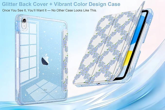 MEEgoodo Case for iPad A16 11th Generation 2025/10th Generation 2022 Glitter Tablet Cases with Transparent Acrylic Back+Trifold Stand +Pencil Holder+Auto Wake/SleepAbstract Sun &amp Palm Tree