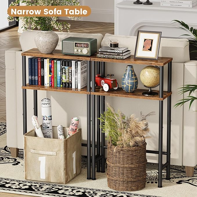 Narrow Console Table Set of 2, Small Entryway Table, 2-Tier Sofa Table with Storage, Skinny Console Tables for Entryway, Hallway, Bedroom, Living Room, Foyer, Rustic Brown