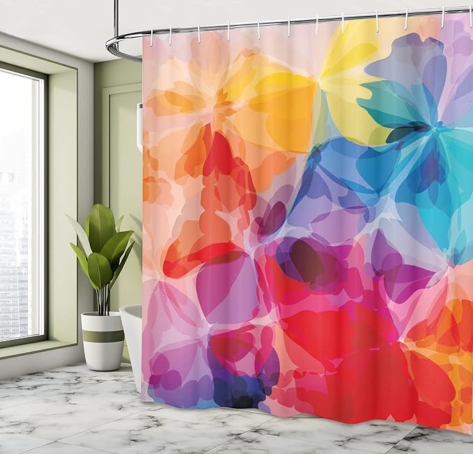 Ambesonne Floral Shower Curtain, Vibrant Colors Abstract Creative Watercolor Style Flower Pattern Design, Cloth Fabric Bathroom Decor Set with Hooks, 69" W x 75" L, Multicolor Vermilion Apricot