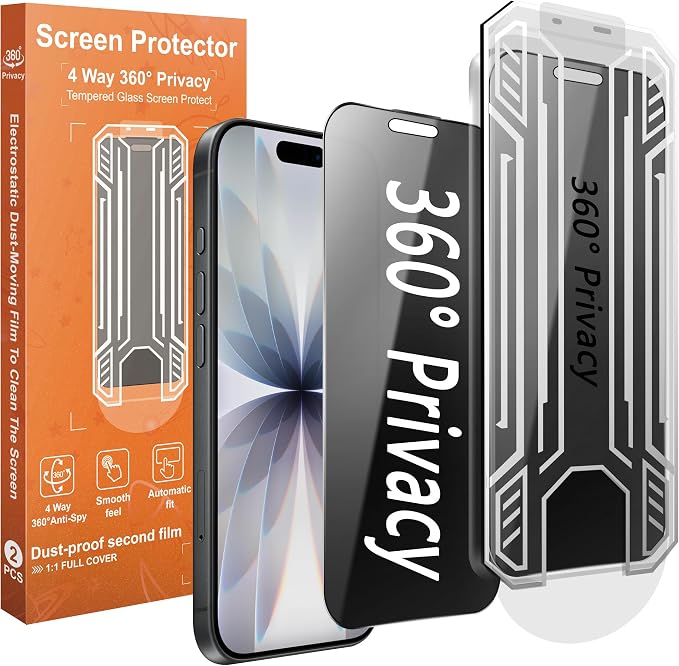 360° 4 Way Privacy Screen Protector for iPhone 16 Pro Max [2 Pack] Anti-Spy Tempered Glass 9H Hardness Shatterproof 3D Curved Edges Case-Friendly Bubble-Free Easy Installation