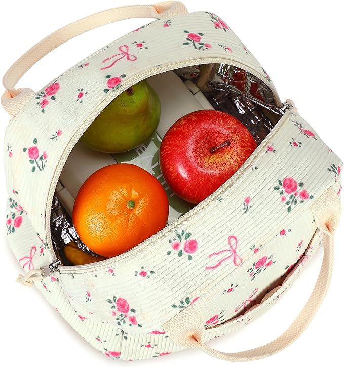 LEDAOU Lunch Box for Women Insulated Lunch Bag Corduroy Lunch Tote Bags Leakproof Cooler Lunch Case for Travel Work Picnic (Bow Floral)