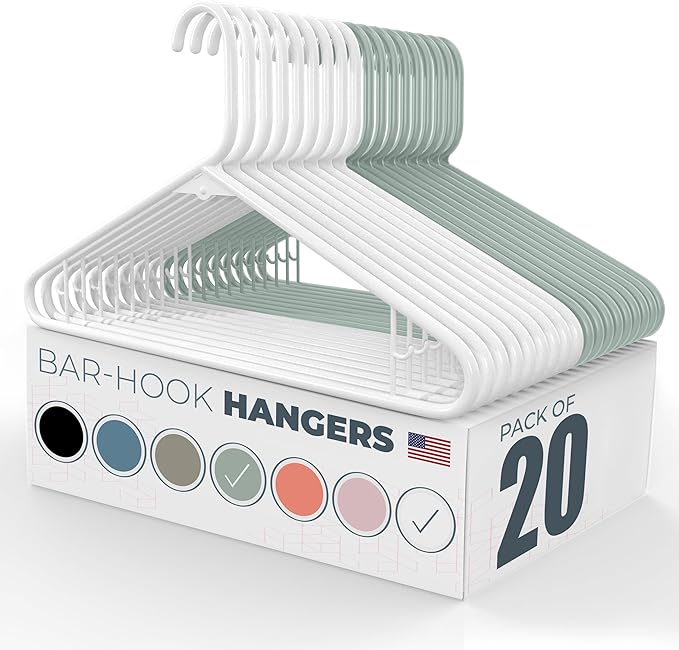Neaties Plastic Hangers 20 Pack - Made in the USA - 6lb Capacity Standard Clothes Hangers with Strap Hooks for Dresses, Lingerie, Shirts, Pants, and Jackets - White & Mint