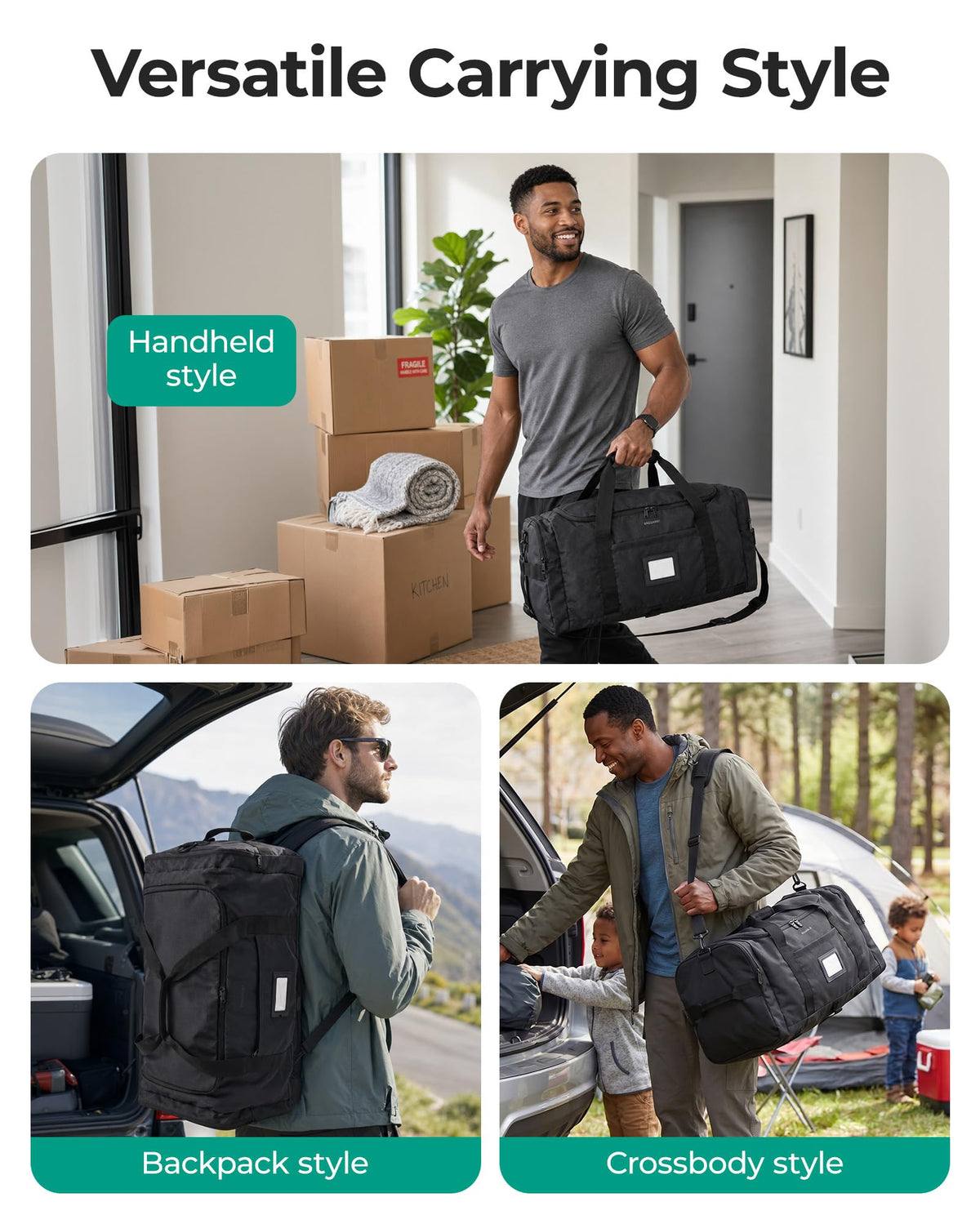 BAGSAMRT 60L Foldable Duffle Bag for Travel, Large Travel Duffel Bag for Men, 4 in 1 Travel Backpack, Carry on Weekender Bag, Gray