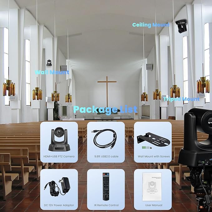 TONGVEO PTZ Camera HDMI/USB 10X Optical Zoom 60fps 1080P Video Conference Camera for Church Worship Live Streaming Meeting Online Learn with Zoom YouTube OBS and More