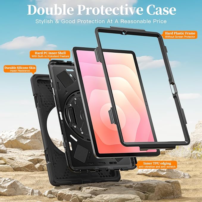 Case for Galaxy Tab S10 FE+ 13.1 2025 with Screen Protector+360 Rotating Hand Strap&ampStand+Shoulder Strap (Black)