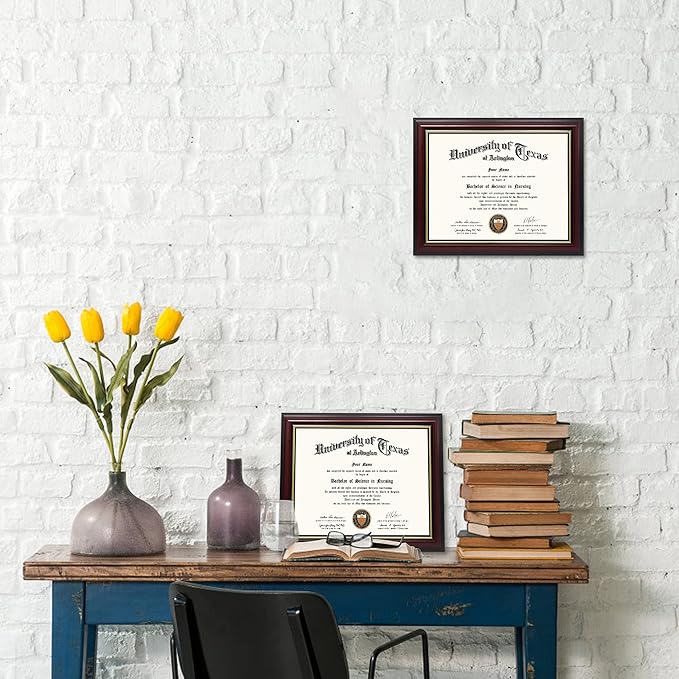 GraduationMall 8.5x11 Certificate Diploma Frame,Solid Wood & UV Protection Acrylic,Cherry Finish with Gold Trim,2 Pack