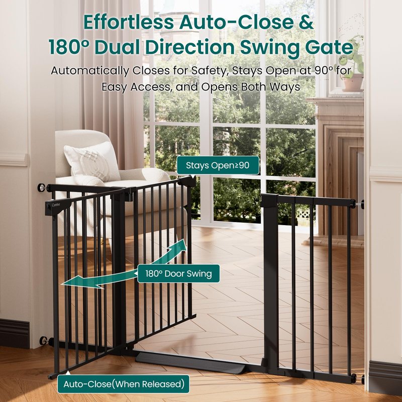 Cumbor 30-54" Extra Wide Baby Gate for Stairs, Dual Lock & Self-Closing Dog Gate Indoor, Easy Install Pet Gate for Doorways, Hallways & Kitchen, Easy Walk Thru Safety Proofing for Babies & Pets, Black