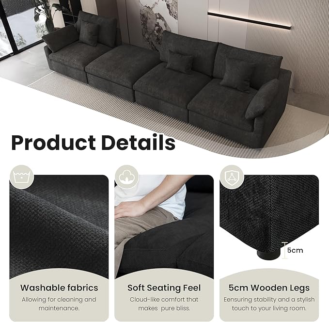 Cloud Modular Sectional Sofa Couch for Livingroom,119inch Down Filled L Shaped Couch with Wide Seat,Convertible Sectional Sofa with Ottoman,Covers Washable&Replaceable,Black